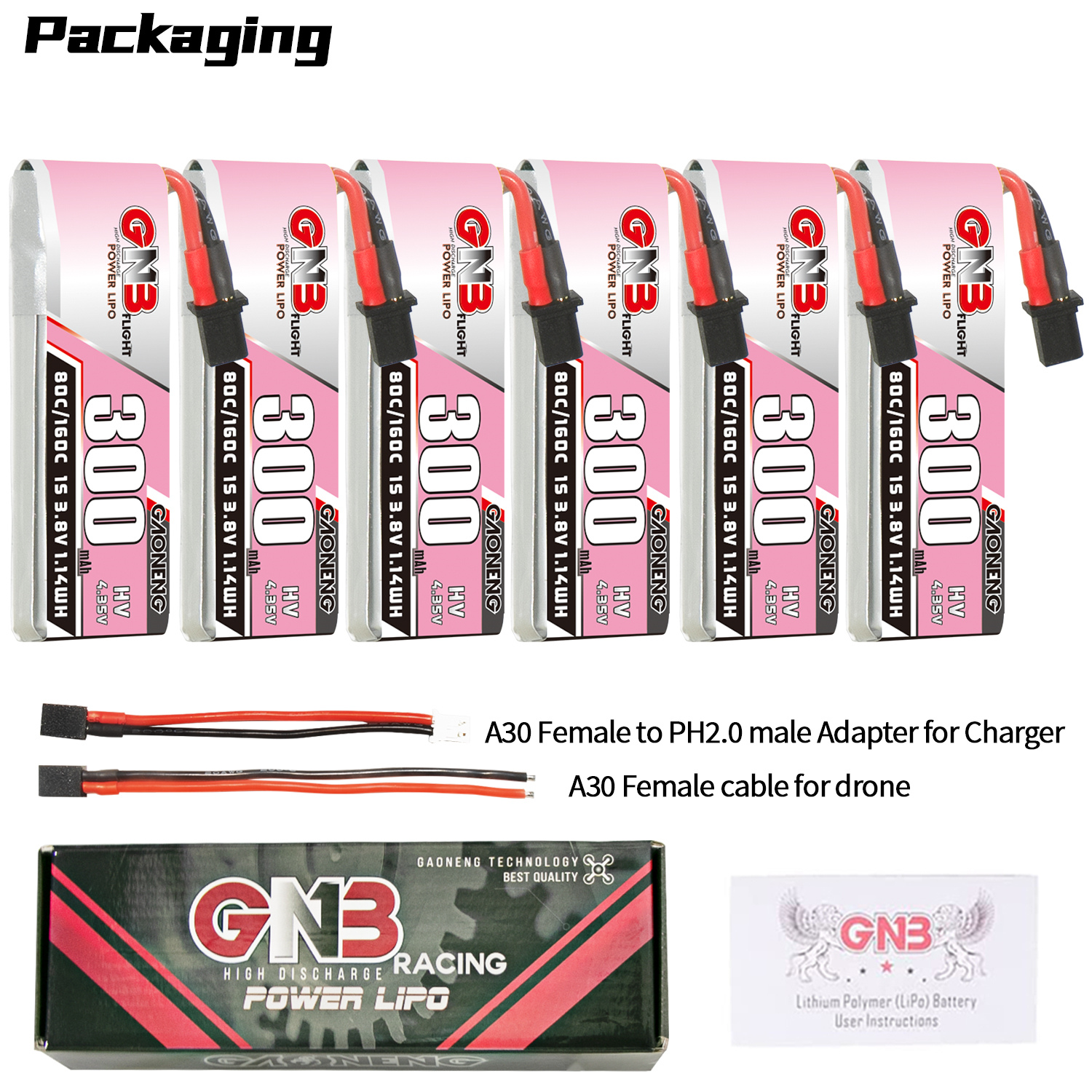 GAONENG GNB LiHV 1S 3.8V 300mAh 80C A30 Cabled LiPo Battery