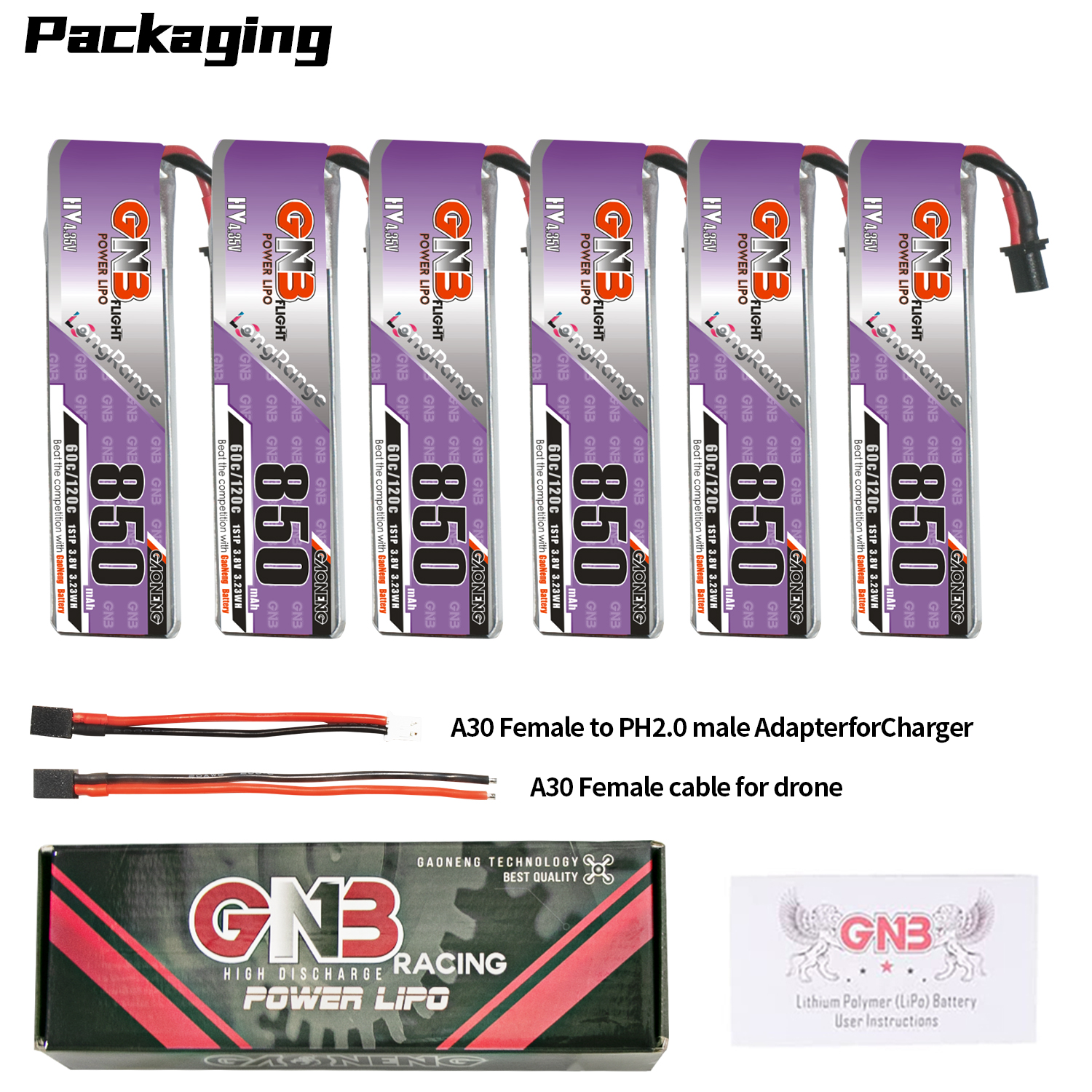 GAONENG GNB LiHV 1S 3.8V 850mAh 60C A30 Cabled LiPo Battery Long Range