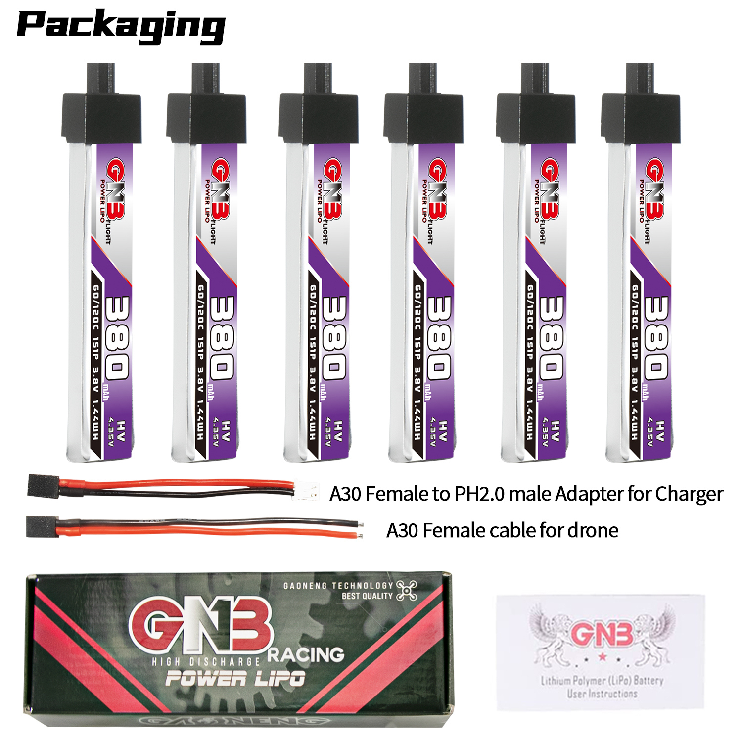 GAONENG GNB LiHV 1S 3.8V 380mAh 60C A30 Plastic Head LiPo Battery