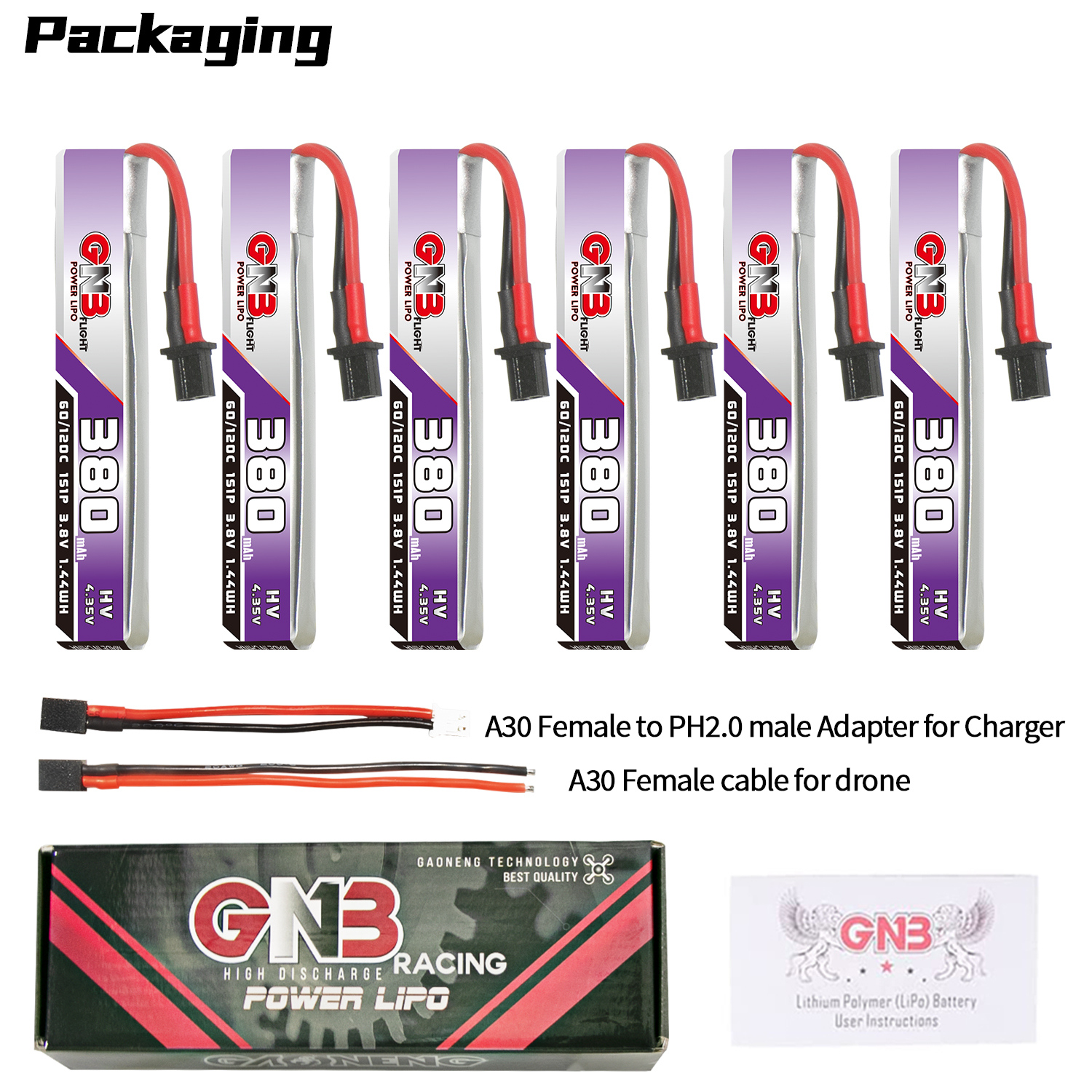 GAONENG GNB LiHV 1S 3.8V 380mAh 60C A30 Cabled LiPo Battery
