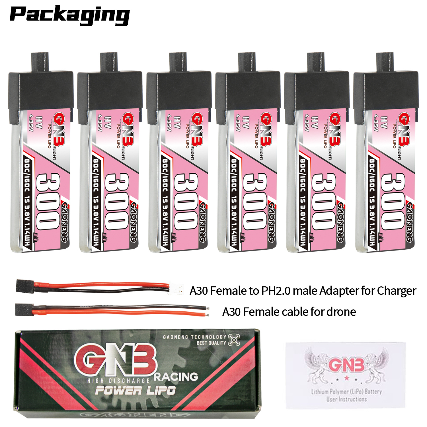 GAONENG GNB LiHV 1S 3.8V 300mAh 80C A30 Plastic Head LiPo Battery