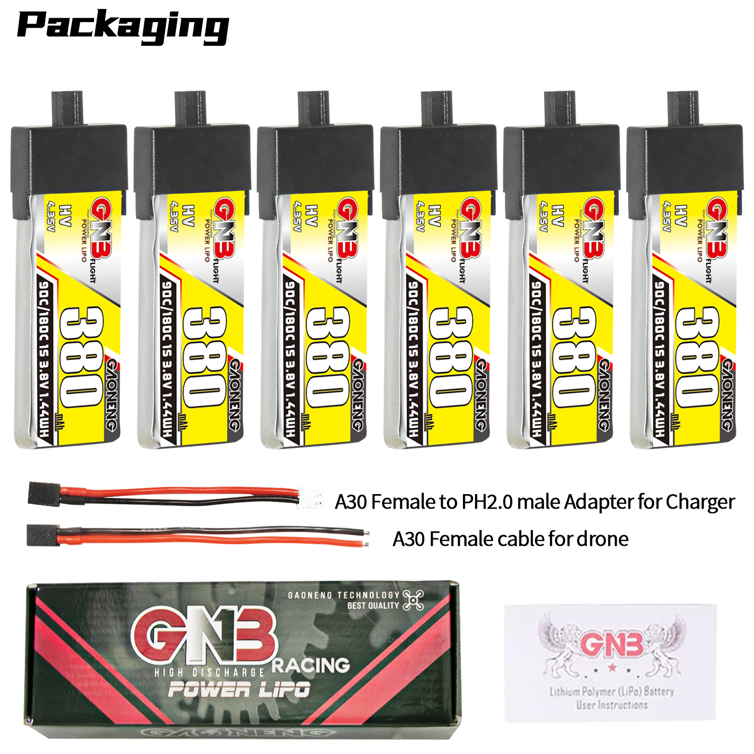 GAONENG GNB LiHV 1S 3.8V 380mAh 90C A30 Plastic Head LiPo Battery