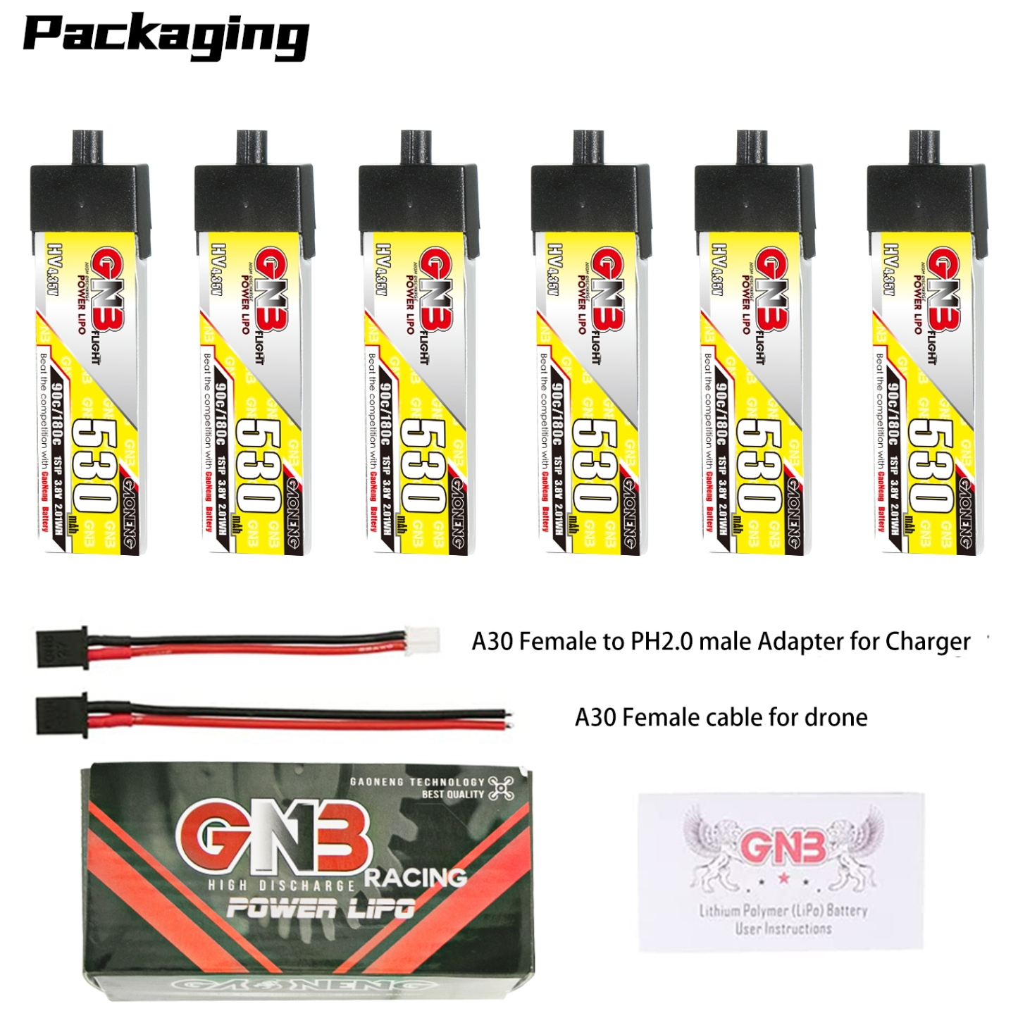 GAONENG GNB LiHV 1S 3.8V 530mAh 90C A30 Plastic Head LiPo Battery