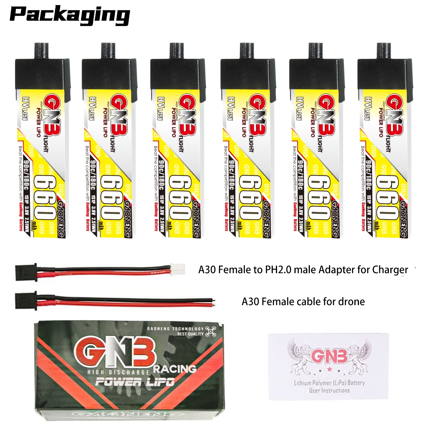 GAONENG GNB LiHV 1S 3.8V 660mAh 90C A30 Plastic Head LiPo Battery
