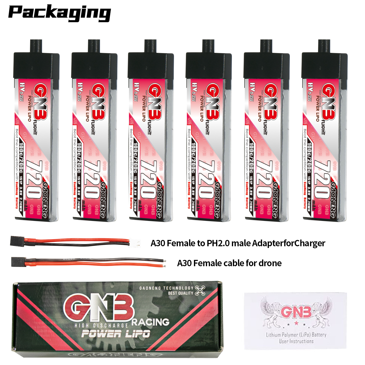 GAONENG GNB LiHV 1S 3.8V 720mAh 100C A30 Plastic Head LiPo Battery