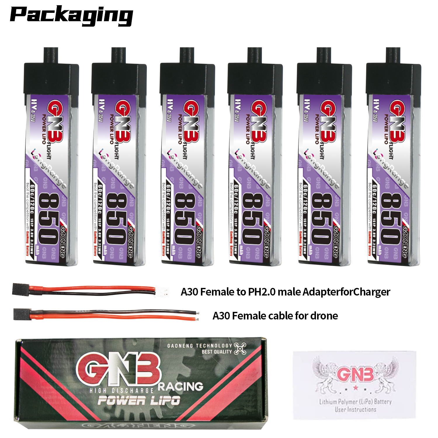 GAONENG GNB LiHV 1S 3.8V 850mAh 60C A30 Plastic Head LiPo Battery Long Range