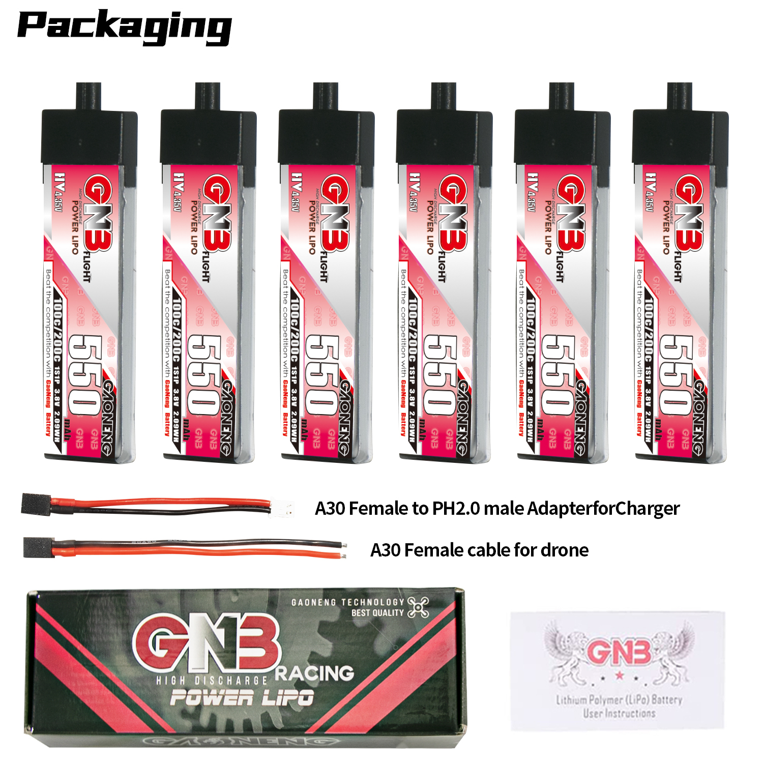 GAONENG GNB LiHV 1S 3.8V 550mAh 100C A30 Plastic Head LiPo Battery