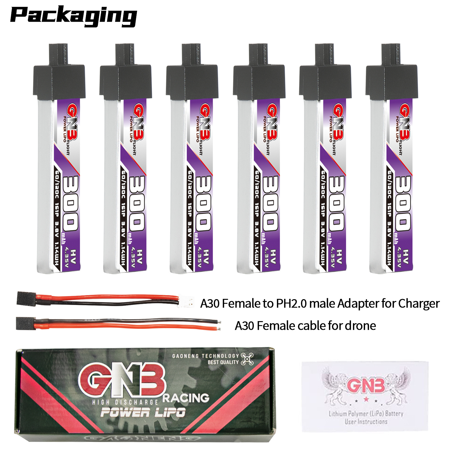 GAONENG GNB LiHV 1S 3.8V 300mAh 60C A30 Plastic Head LiPo Battery