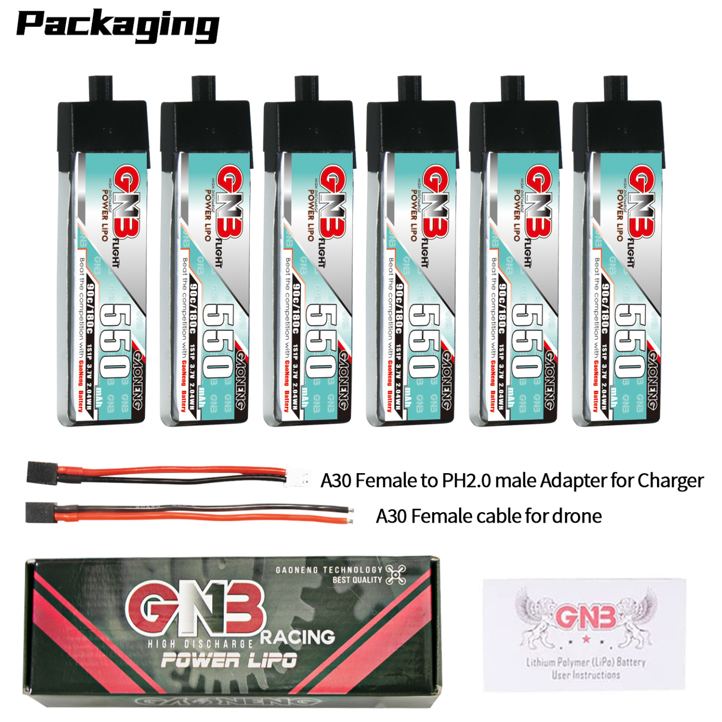 GAONENG GNB 1S 3.7V 550mAh 90C A30 Plastic Head LiPo Battery