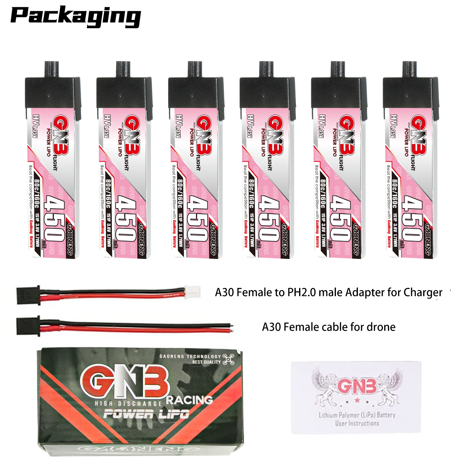 GAONENG GNB LiHV 1S 3.8V 450mAh 80C A30 Plastic Head LiPo Battery