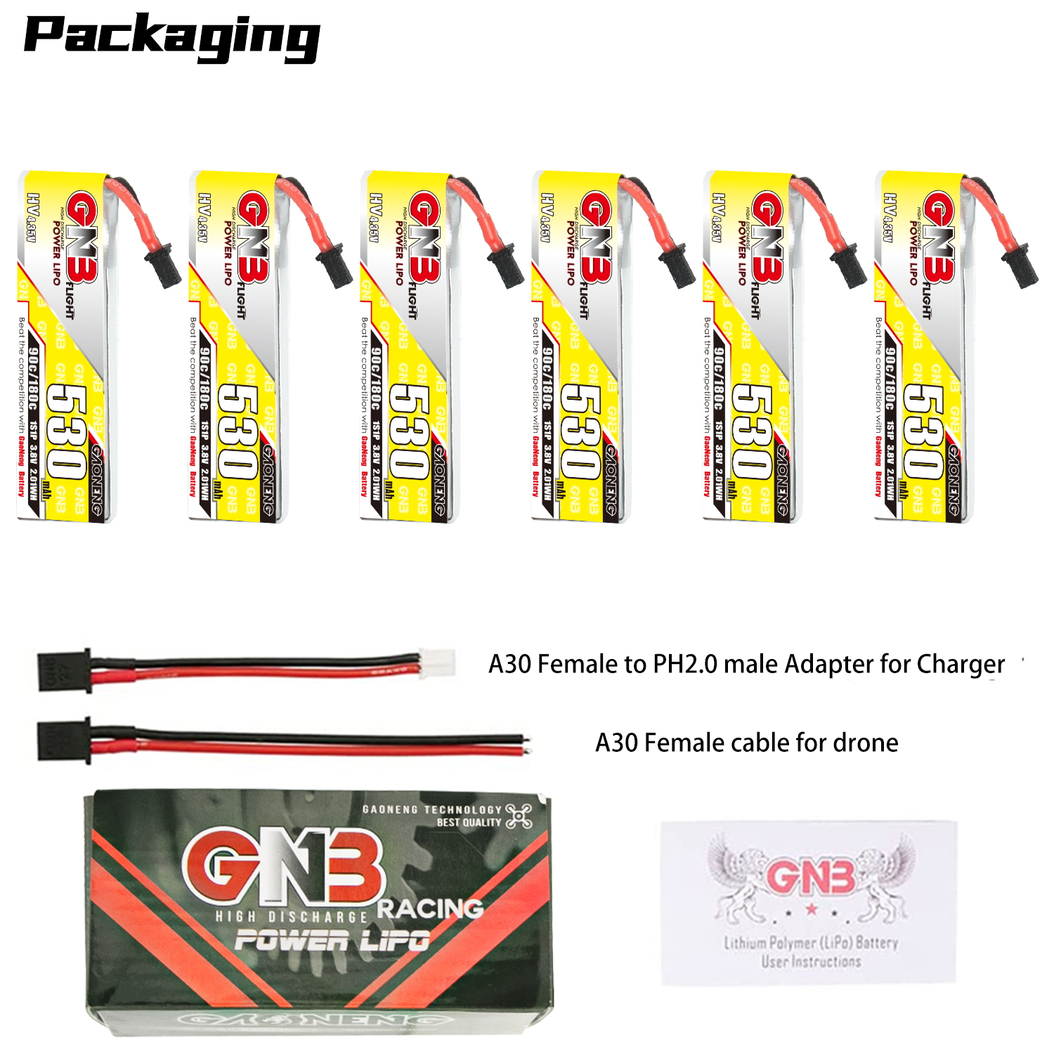GAONENG GNB LiHV 1S 3.8V 530mAh 90C A30 Cabled LiPo Battery