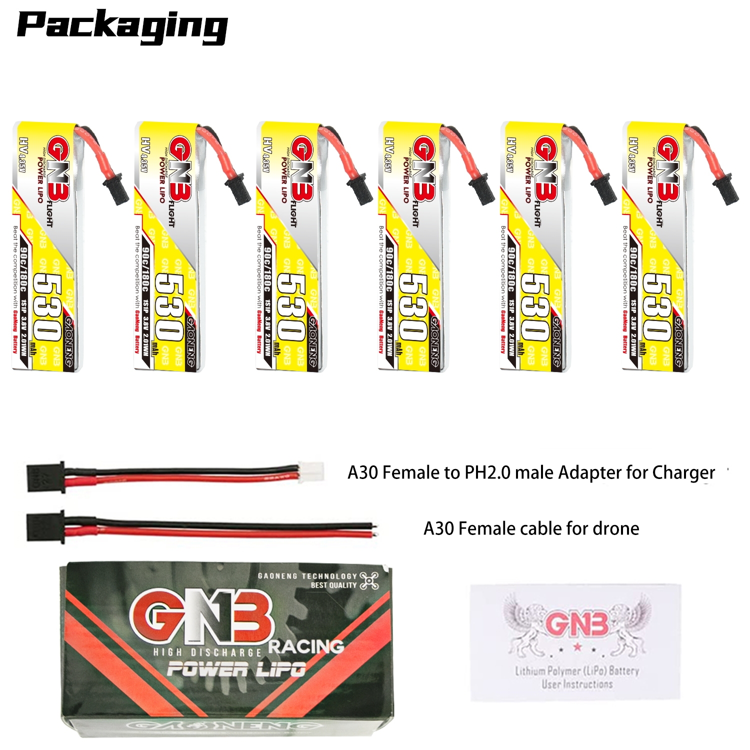 GAONENG GNB LiHV 1S 3.8V 530mAh 90C A30 Cabled LiPo Battery