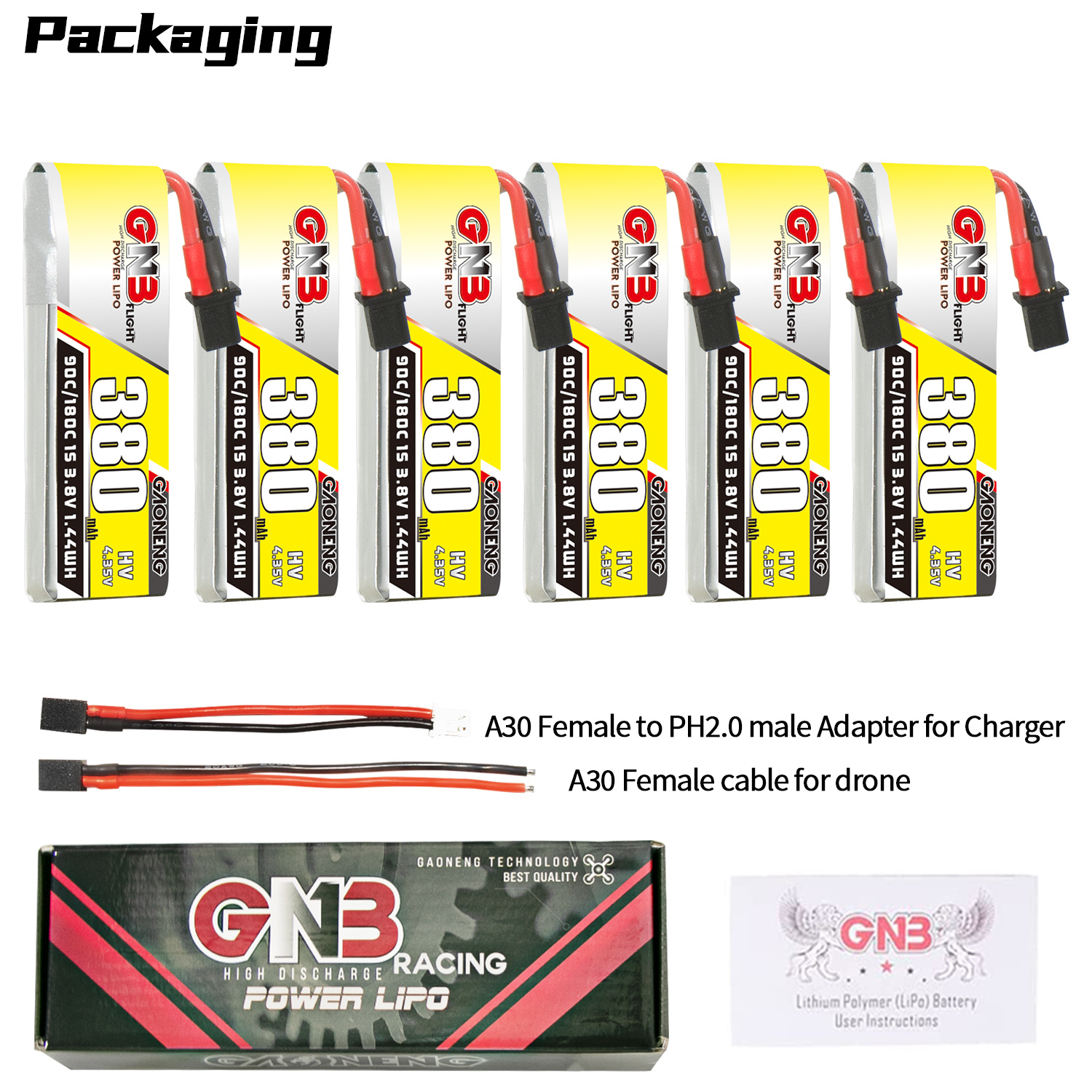GAONENG GNB LiHV 1S 3.8V 380mAh 90C A30 Cabled LiPo Battery