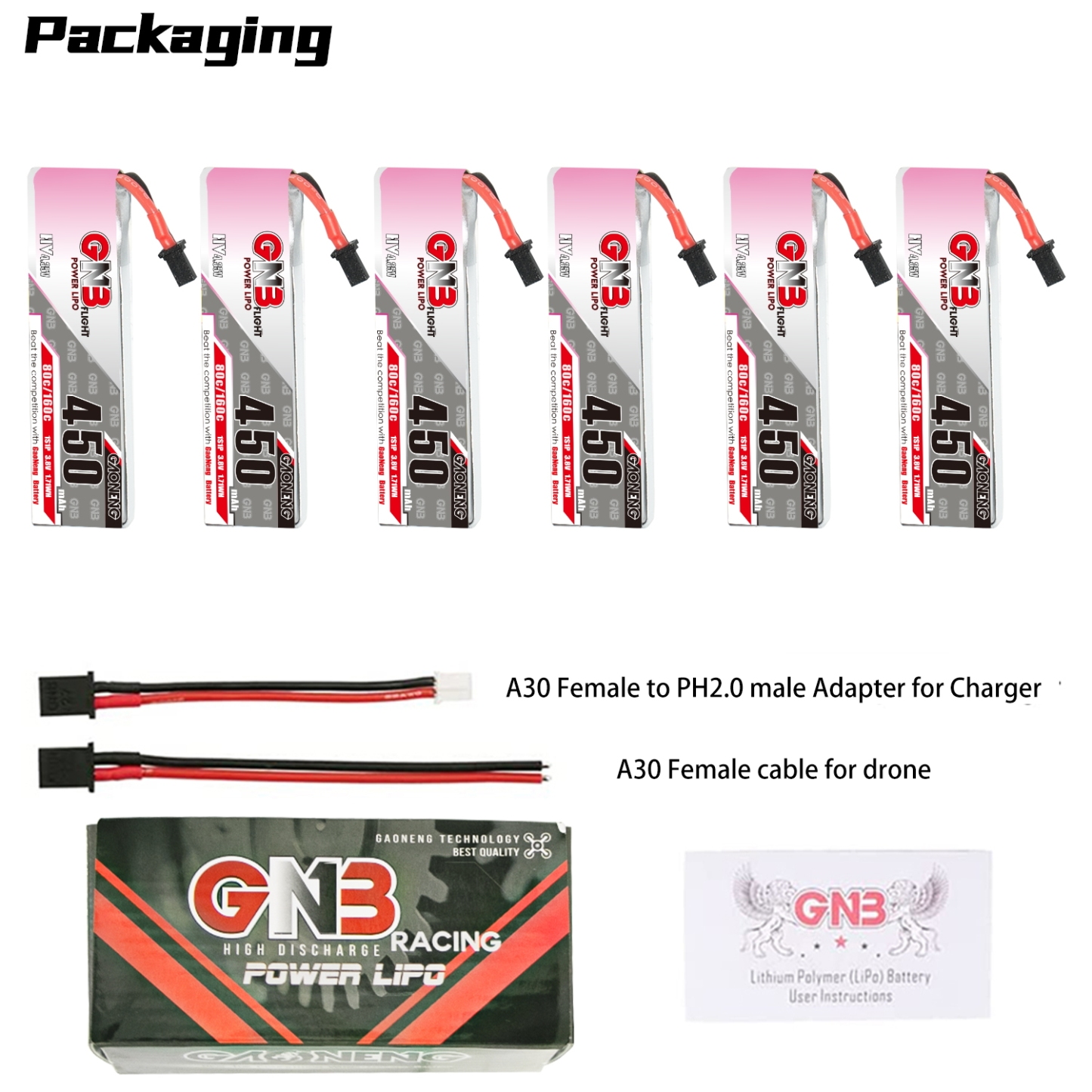 GAONENG GNB LiHV 1S 3.8V 450mAh 80C A30 Cabled LiPo Battery
