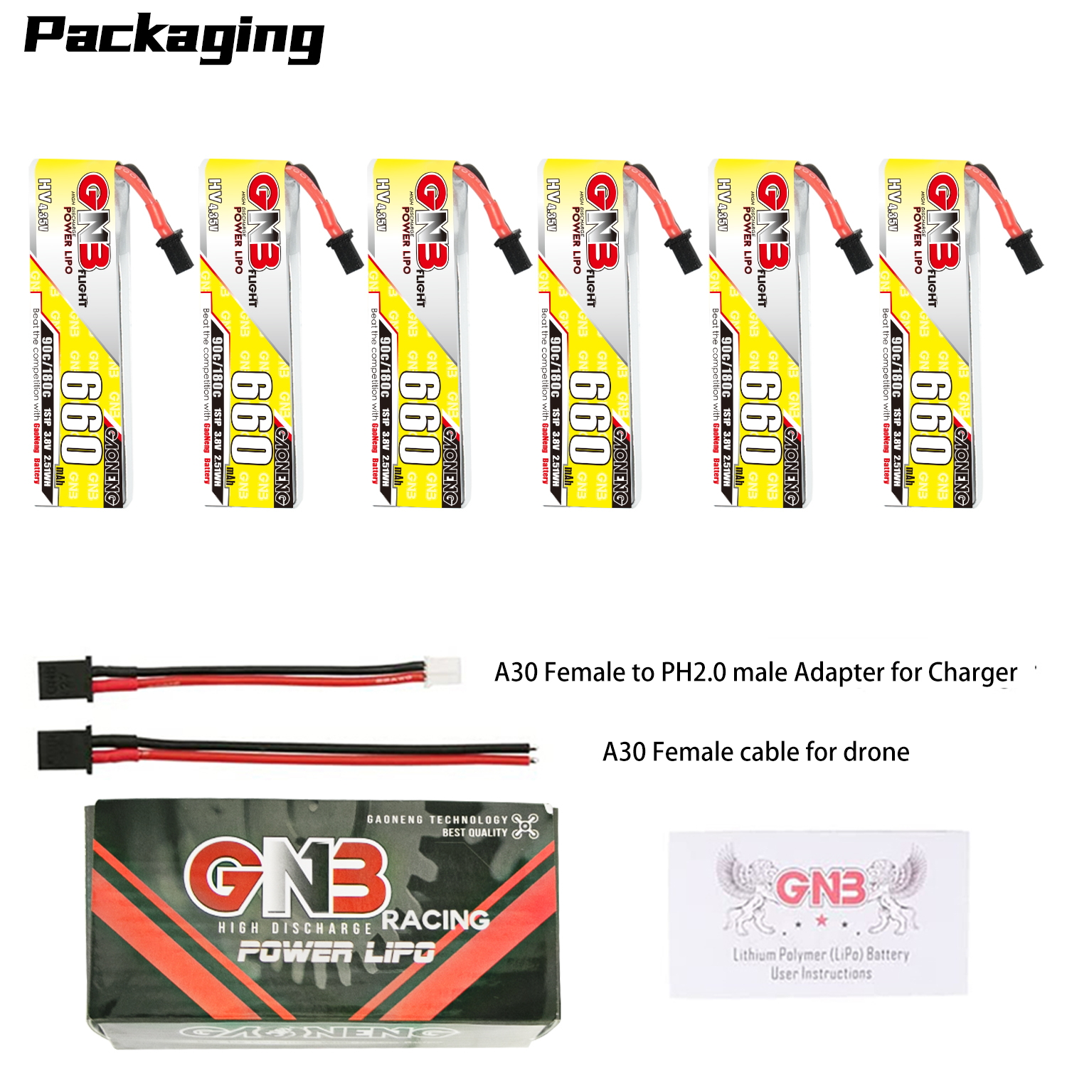 GAONENG GNB LiHV 1S 3.8V 660mAh 90C A30 Cabled LiPo Battery