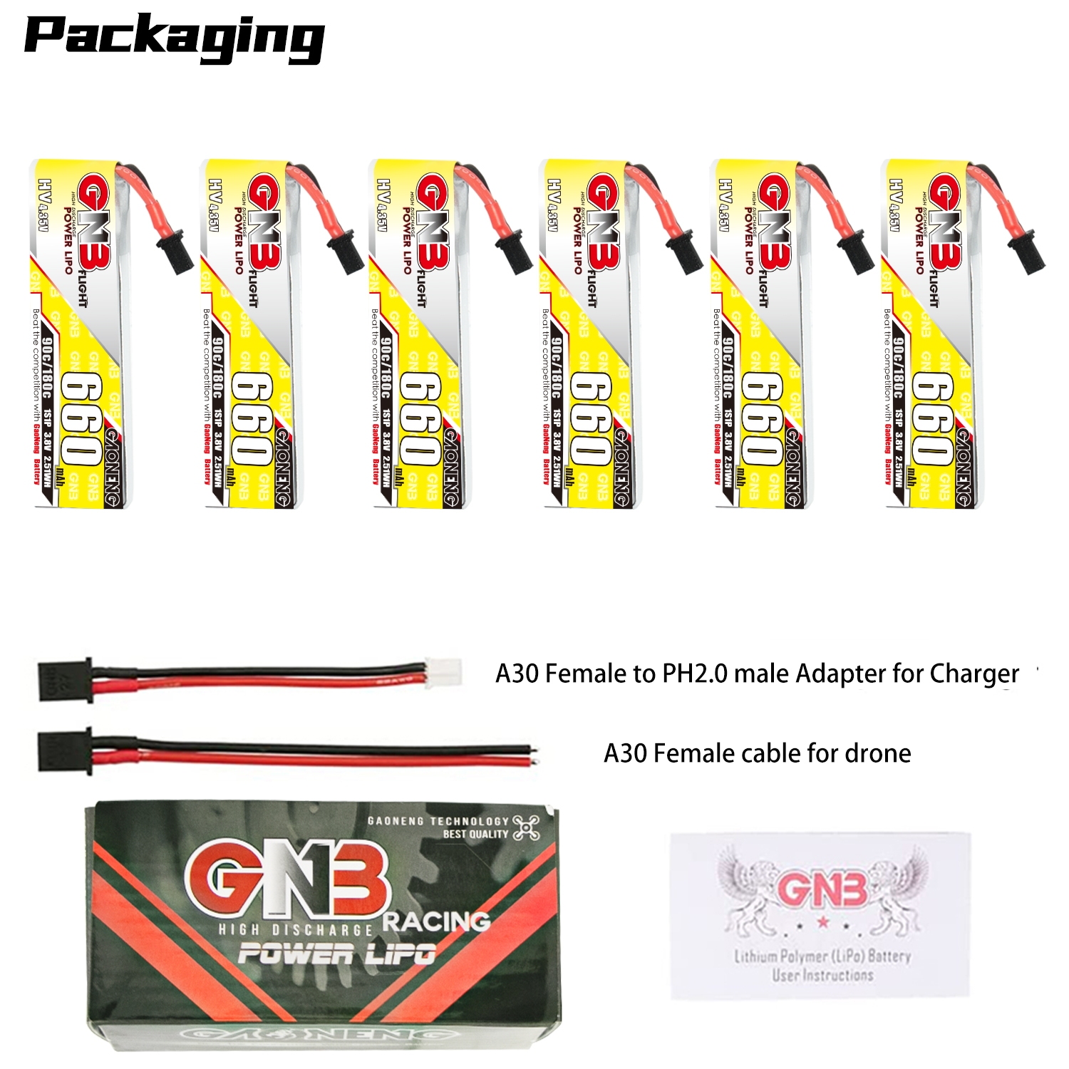 GAONENG GNB LiHV 1S 3.8V 660mAh 90C A30 Cabled LiPo Battery