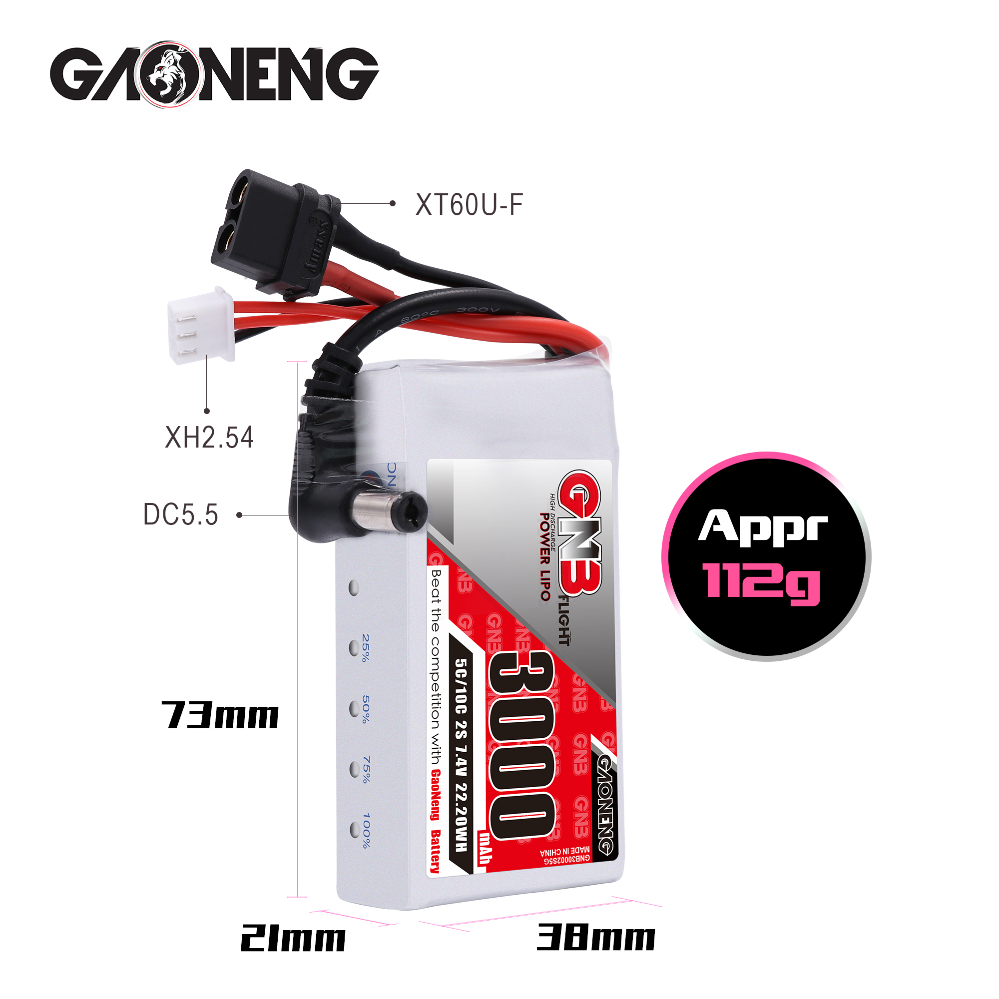 2PCS - GAONENG GNB 2S 7.4V 3000mAh 5C LiPo Battery DC5.5 XT60