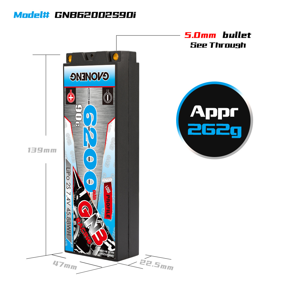 1PC - GAONENG GNB 2S 7.4V 6200mAh 90C 5mm Bullet Hard Case LiPo Battery T-Plug