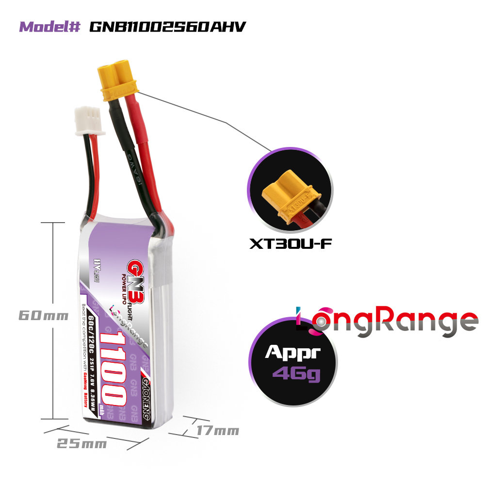 2PCS - GAONENG GNB LiHV 2S 7.6V 1100mAh 60C XT30 LiPo Battery