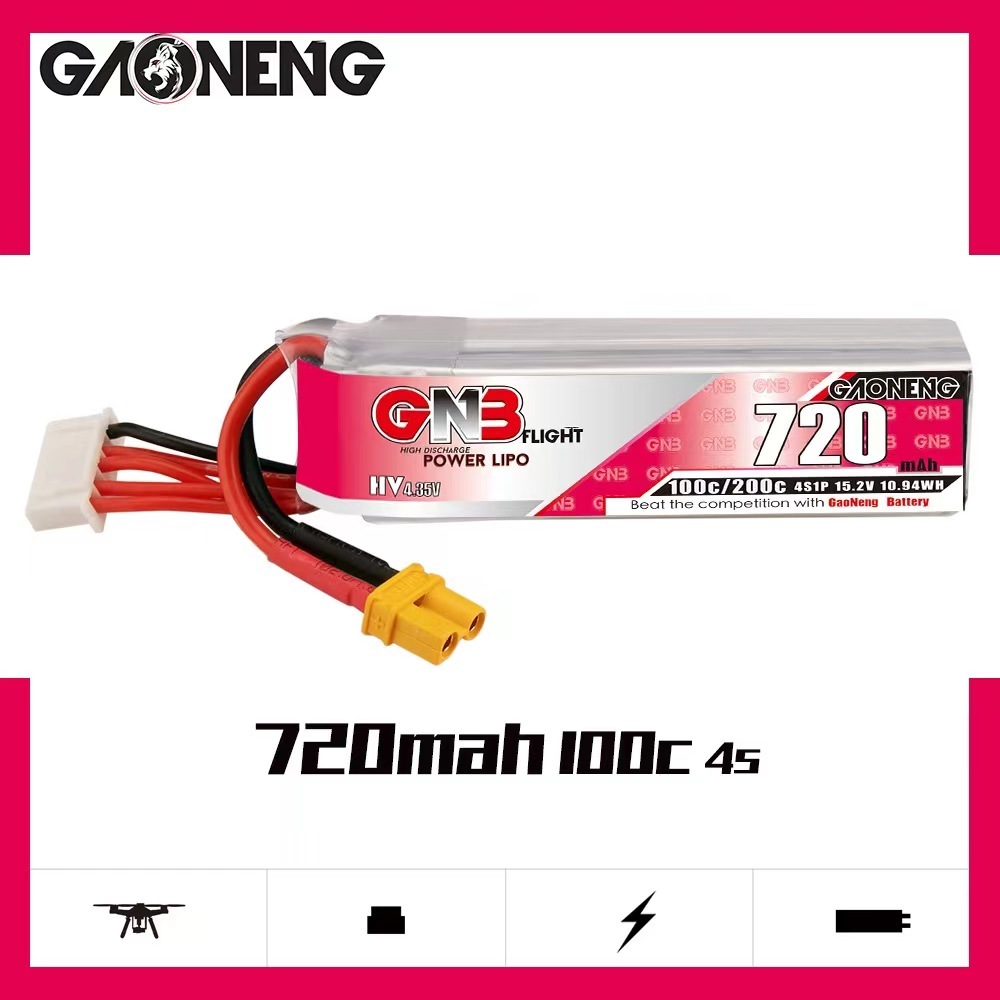 2PCS - GAONENG GNB LiHV 4S 15.2V 720mAh 100C XT30 LiPo Battery Long Type