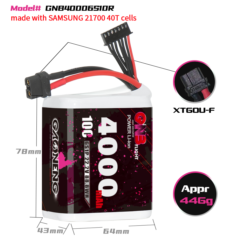GAONENG GNB 6S 22.2V 4000mAh 10C XT60 Li-ion Battery made with Samsung 21700