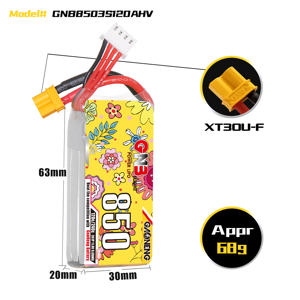 GAONENG GNB LiHV 3S 11.4V 850mAh 120C XT30 LiPo Battery