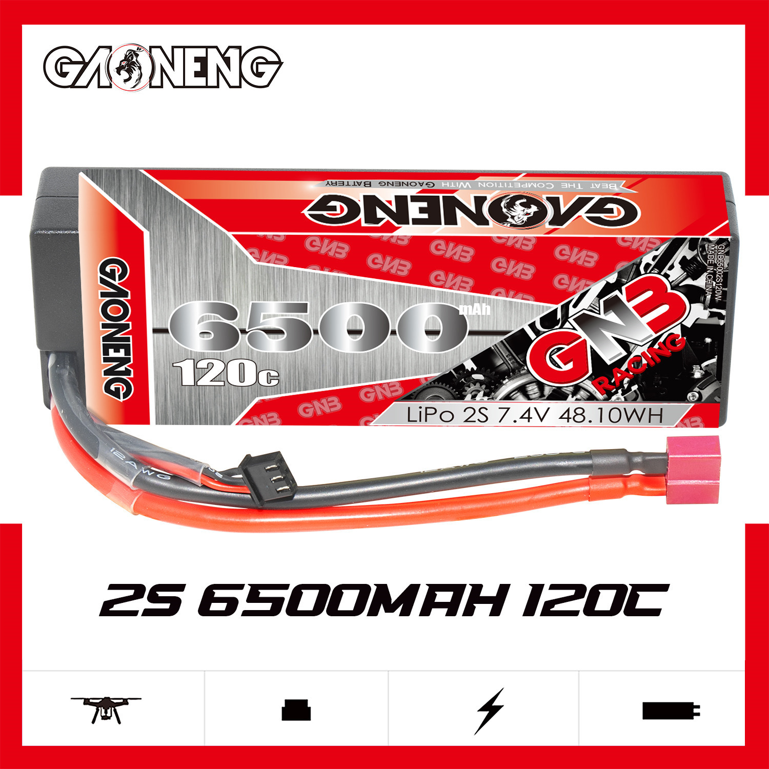 1PC - GAONENG GNB 2S 7.4V 6500mAh 120C Cabled Hard Case LiPo Battery T-PLUG