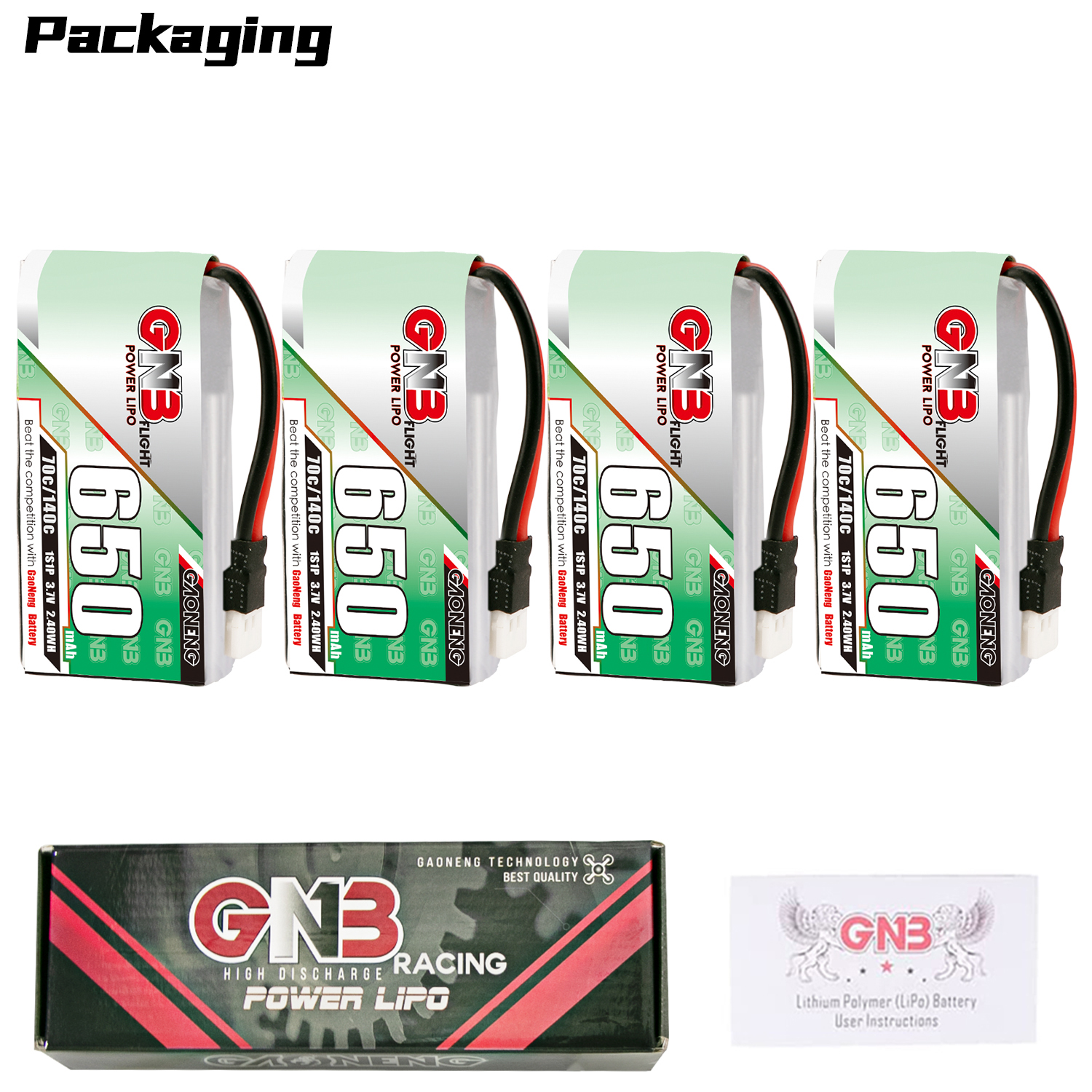 4PCS - GAONENG GNB 1S 3.7V 650mAh 70C Molex 51005 Connector LiPo Battery