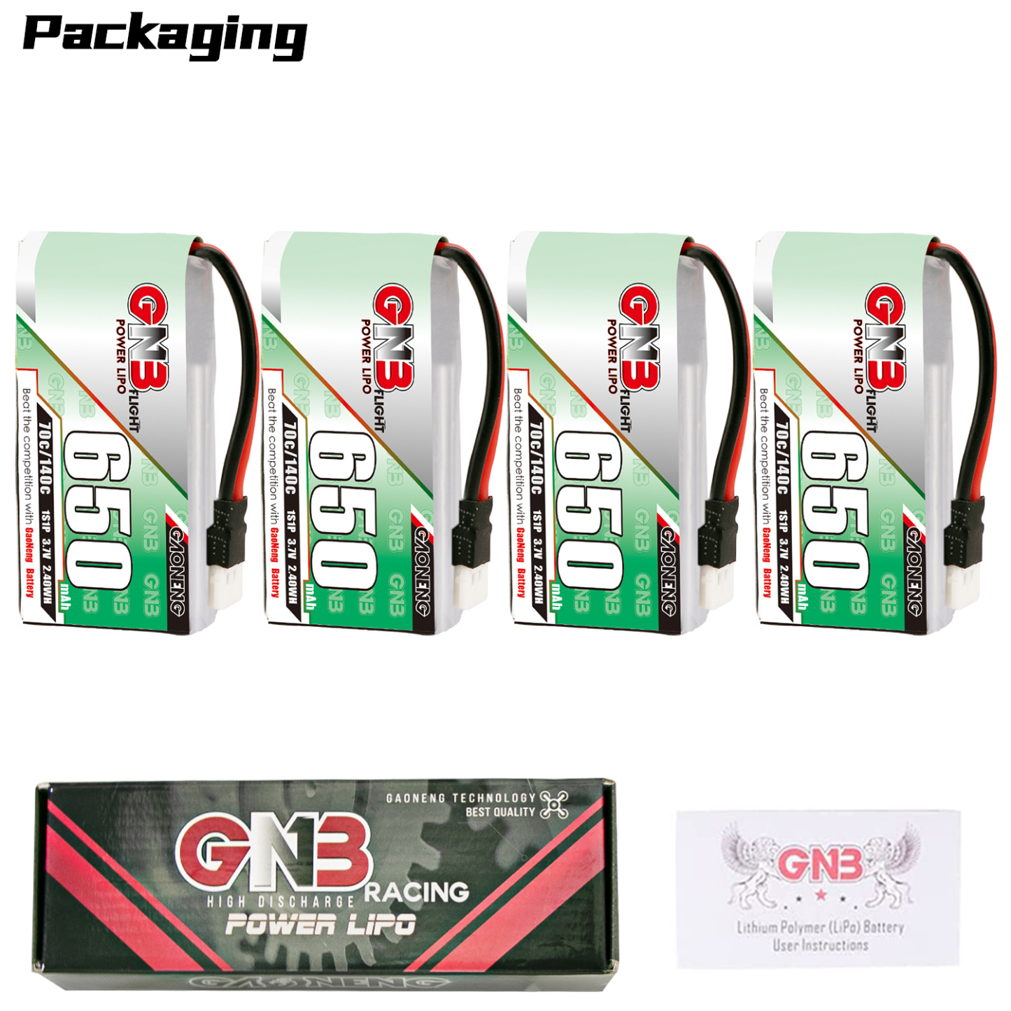 4PCS - GAONENG GNB 1S 3.7V 650mAh 70C Molex 51005 Connector LiPo Battery