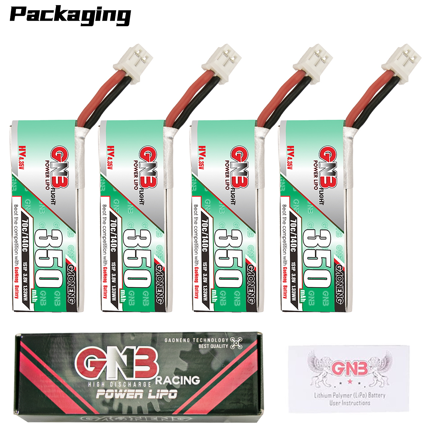 4PCS - GAONENG GNB LiHV 1S 3.8V 350mAh 70C PH2.0 Cabled LiPo Battery