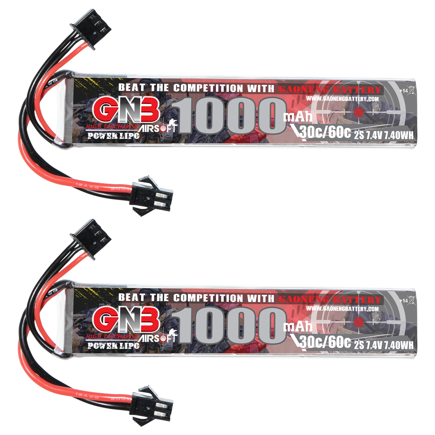 2PCS - GAONENG GNB 2S 7.4V 1000mAh 30C SM Plug LiPo Battery for AirSoft