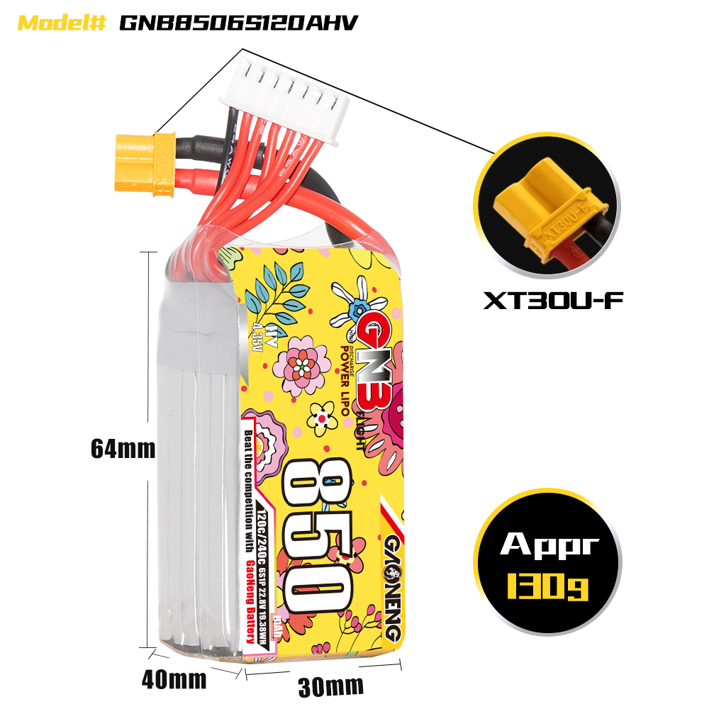 GAONENG GNB LiHV 6S 22.8V 850mAh 120C XT30 Connector LiPo Battery