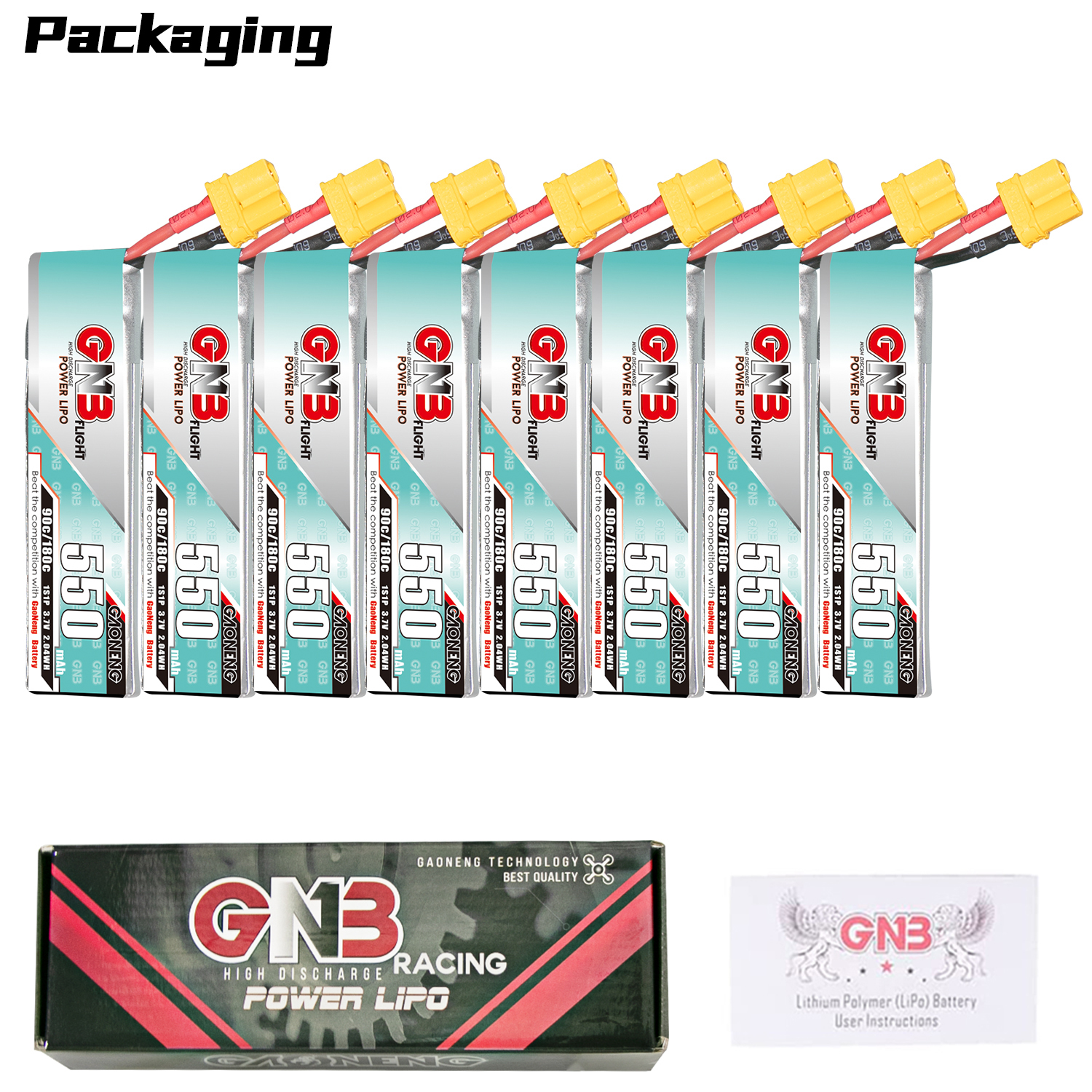 GAONENG GNB 1S 3.7V 550mAh 90C XT30 Cabled LiPo Battery Long Type