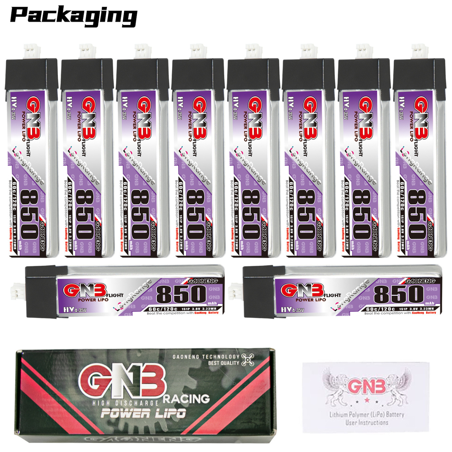 GAONENG GNB LiHV 1S 3.8V 850mAh 60C PH2.0 Plastic Head LiPo Battery Long Range