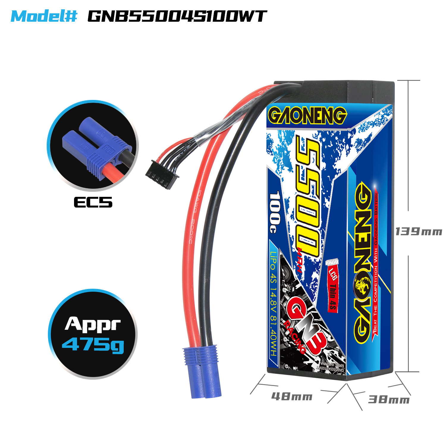 1PC - GAONENG GNB 4S 14.8V 5500mAh 100C Cabled LCG Hard Case LiPo Battery EC5