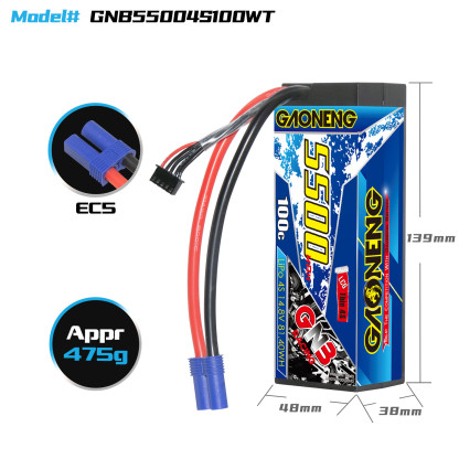 1PC - GAONENG GNB 4S 14.8V 5500mAh 100C Cabled LCG Hard Case LiPo Battery EC5