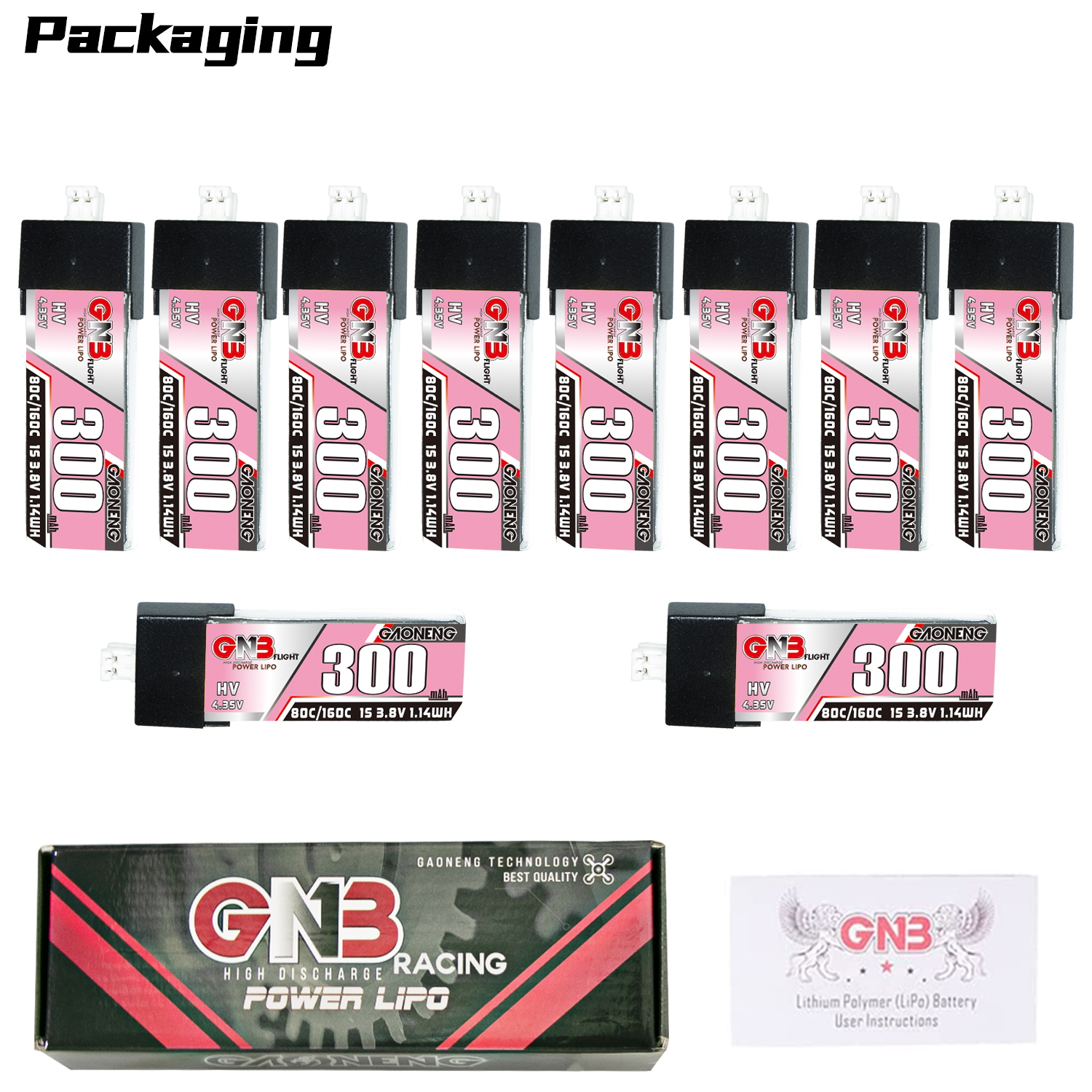 GAONENG GNB LiHV 1S 3.8V 300mAh 80C PH2.0 Plastic Head LiPo Battery