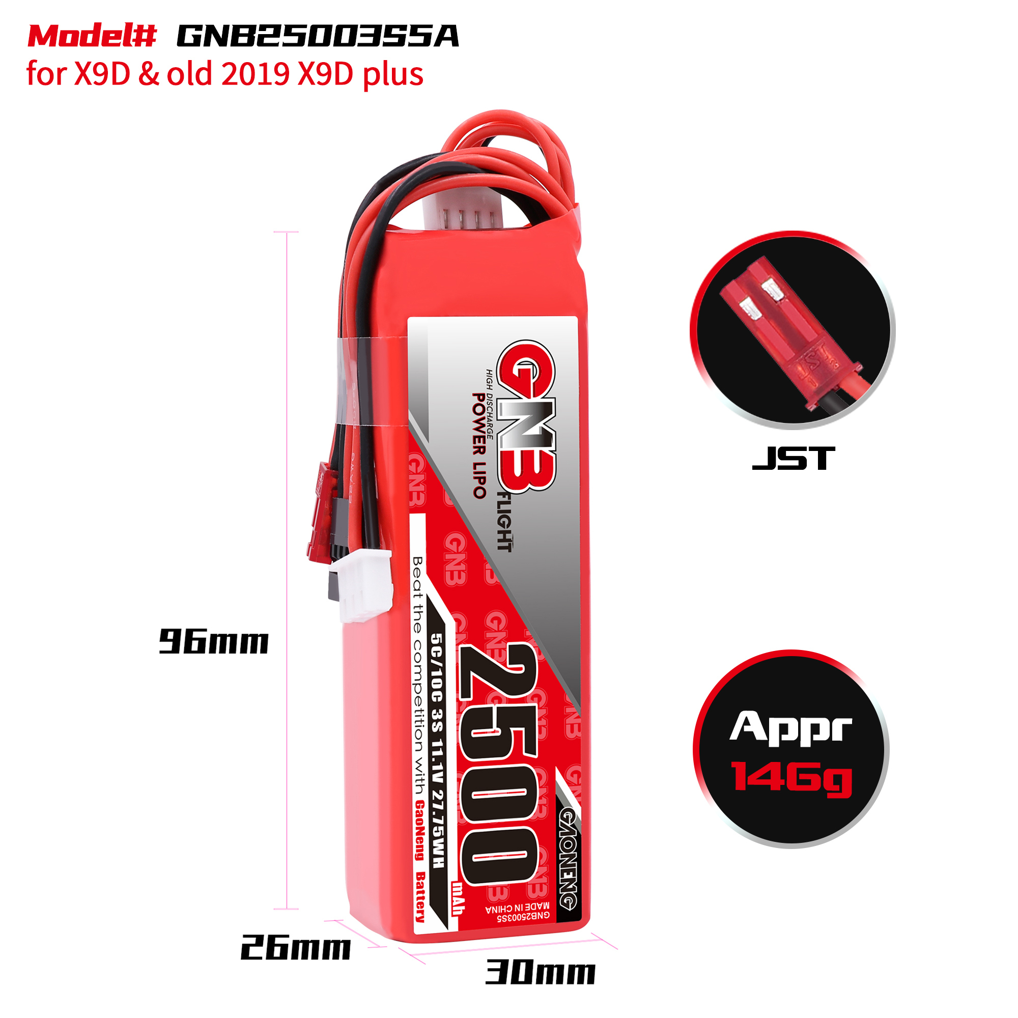 2PCS - GAONENG GNB 3S 11.1V 2500mAh 5C LiPo Battery for X9D and old 2019 X9D plus