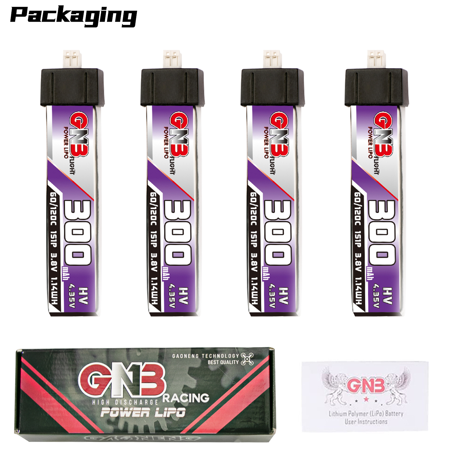 4PCS - GAONENG GNB LiHV 1S 3.8V 300mAh 60C Molex1.25 Plastic Head LiPo Battery