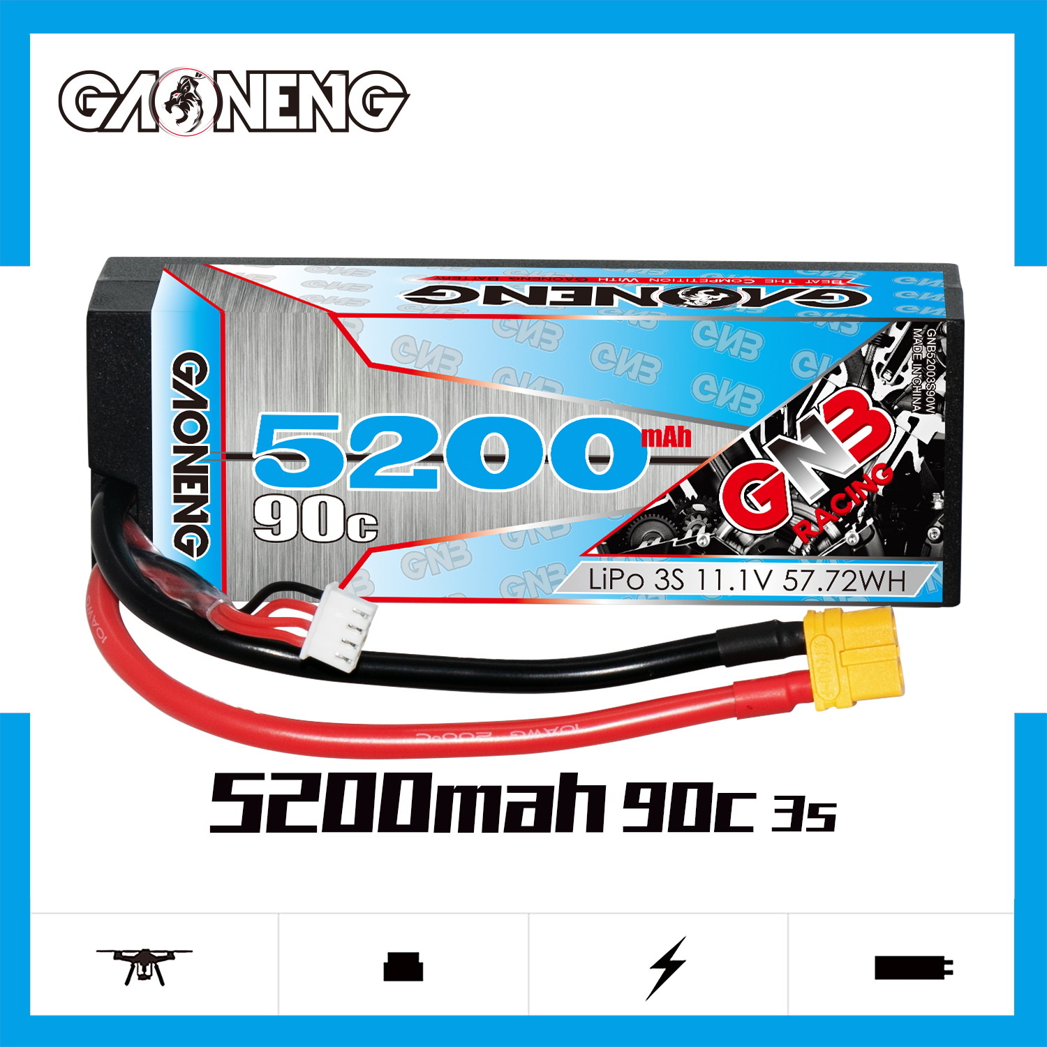 GAONENG GNB 3S 11.1V 5200mAh 90C Cabled Hard Case LiPo Battery XT60