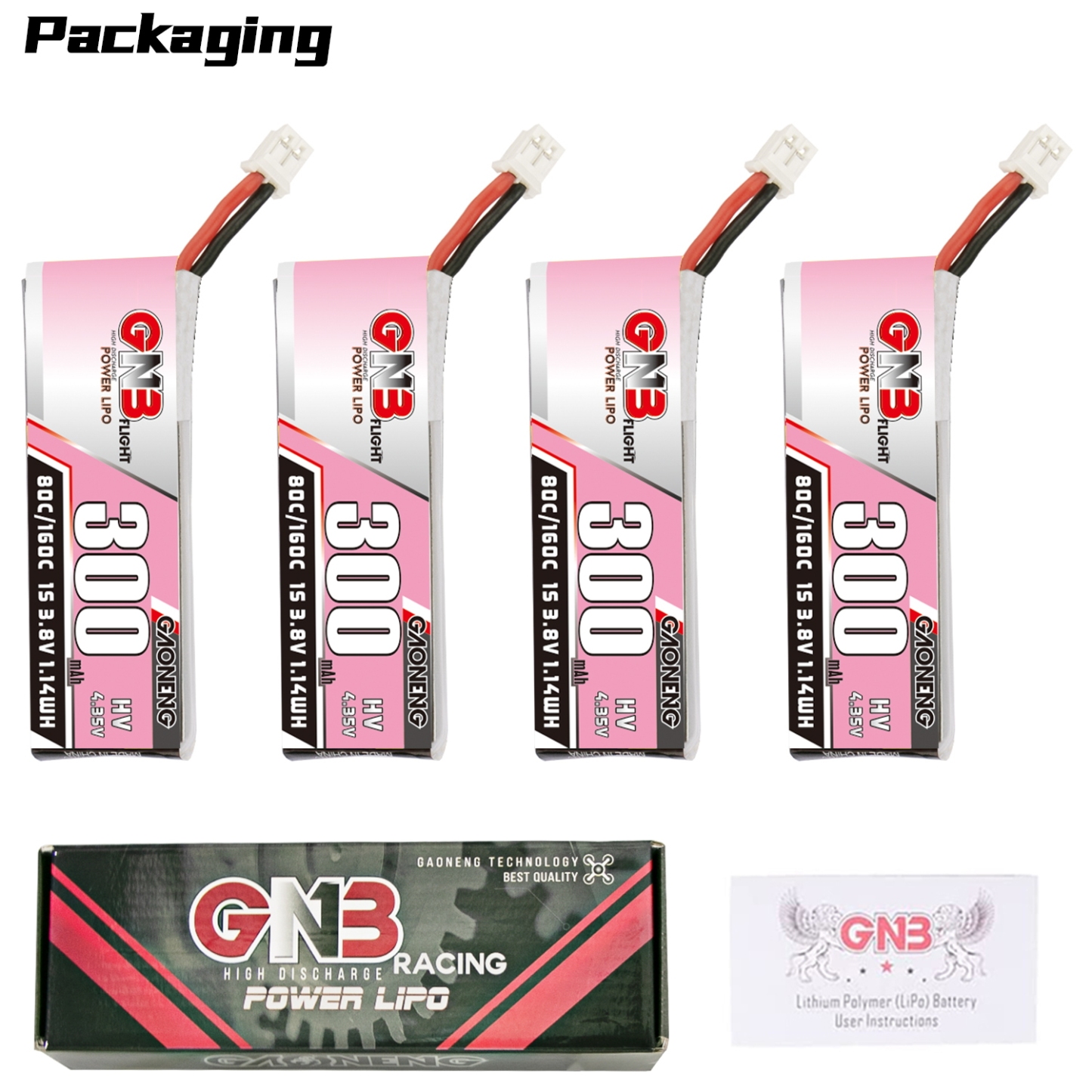 4PCS - GAONENG GNB LiHV 1S 3.8V 300mAh 80C PH2.0 Cabled LiPo Battery