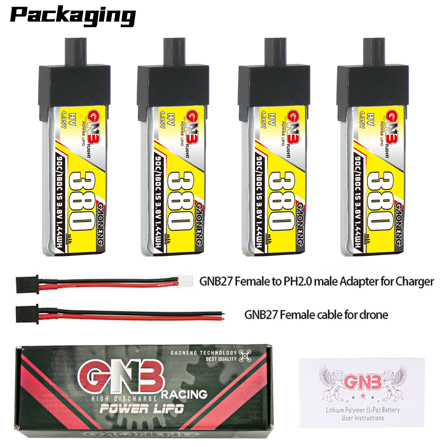 4PCS - GAONENG GNB LiHV 1S 3.8V 380mAh 90C GNB27 With Plastic Head LiPo Battery