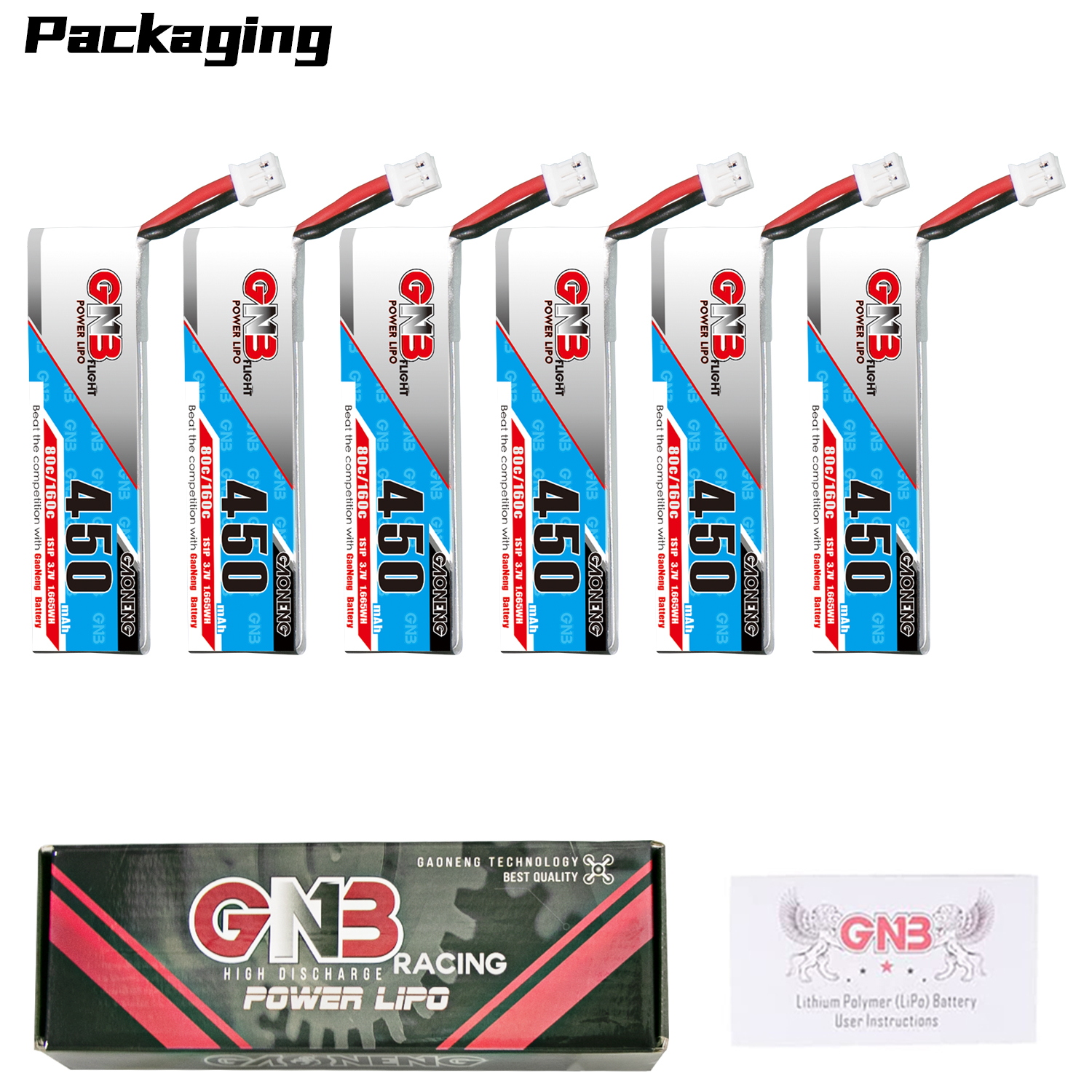 GAONENG GNB 1S 3.7V 450mAh 80C PH2.0 Cabled LiPo Battery Long Type