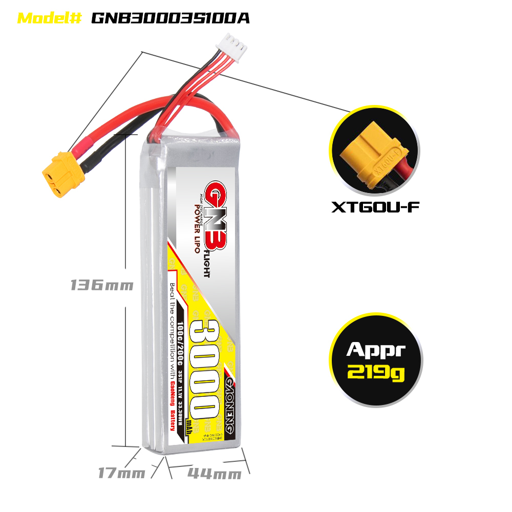 1PC - GAONENG GNB 3S 11.1V 3000mAh 100C LiPo Battery XT60