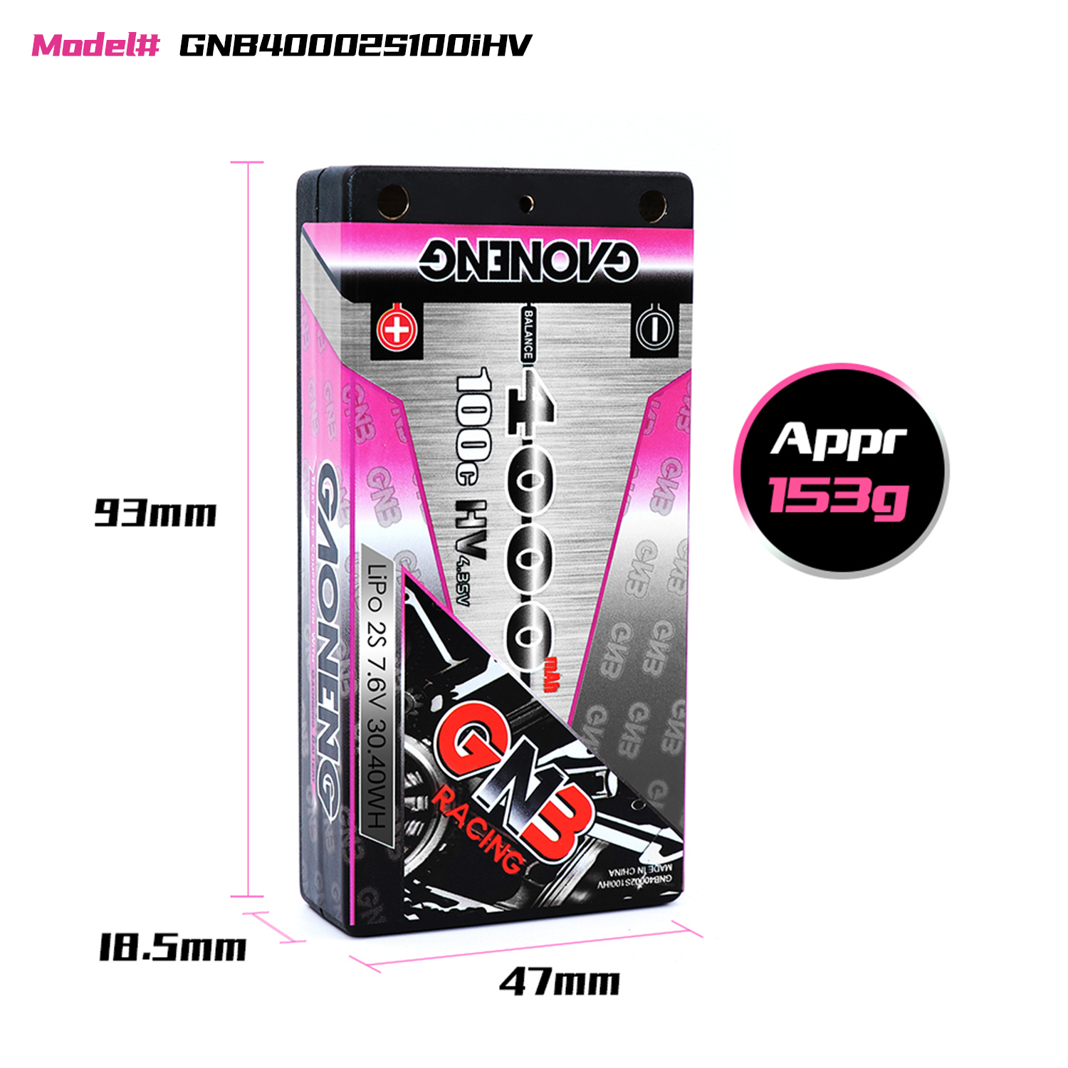 1PC - GAONENG GNB 2S 7.6V 4000mAh 100C LCG Shorty 4mm Hard Case LiPo Battery T-Plug