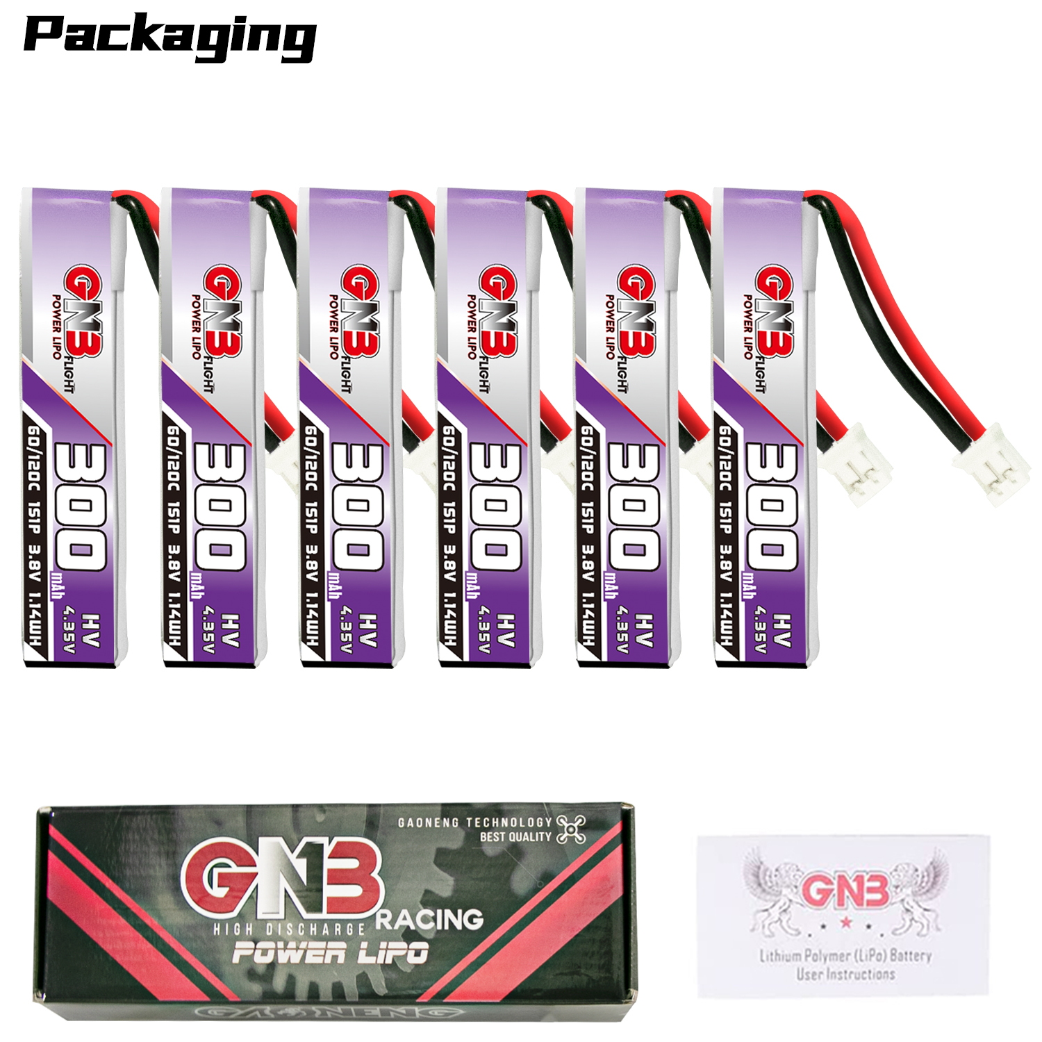 GAONENG GNB LiHV 1S 3.8V 300mAh 60C PH2.0 Cabled LiPo Battery