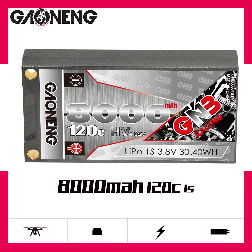 1PCS - GAONENG GNB LiHV 1S 3.8V 8000mAh 120C Hard Case LiPo Battery T-Plug