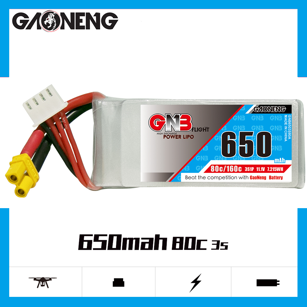2PCS - GAONENG GNB 3S 11.1V 650mAh 80C XT30 LiPo Battery