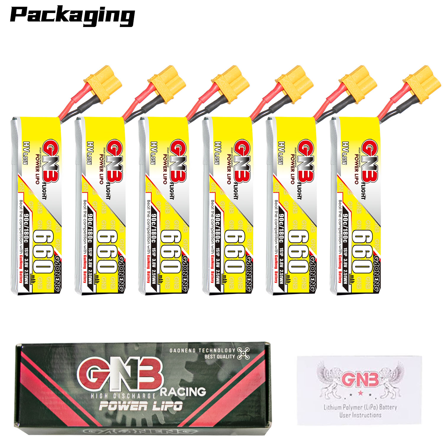 GAONENG GNB LiHV 1S 3.8V 660mAh 90C XT30 Cabled LiPo Battery