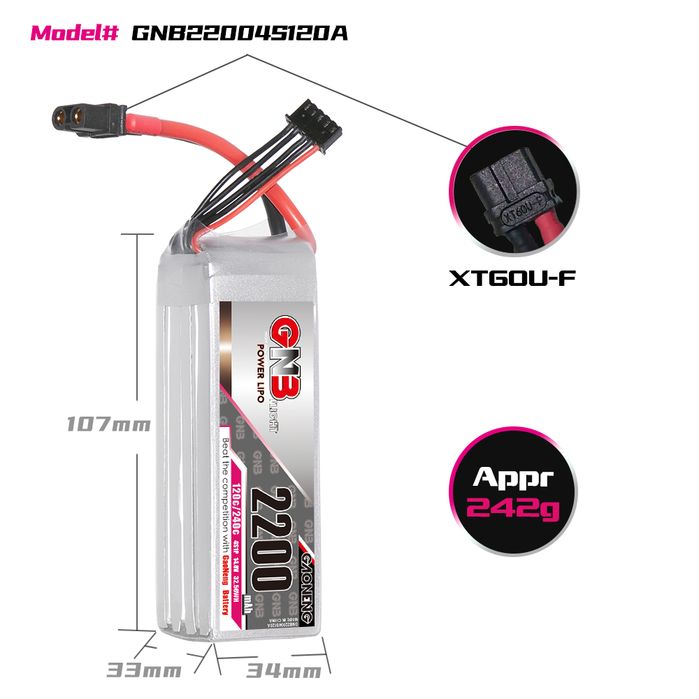 4PCS - GAONENG GNB 4S 14.8V 2200mAh 120C XT60 LiPo Battery
